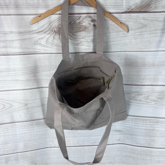 NEW Jimmy Choo Grey Gold Metallic Heel Graphic Print Zippered Tote Bag Purse - Picture 8 of 10